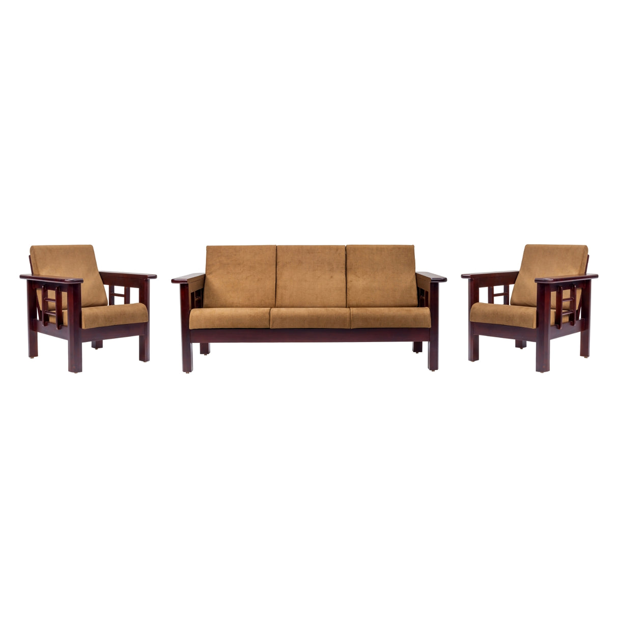Chicago Wooden Sofa Set (3+1+1 Seater) - Light Walnut Finish