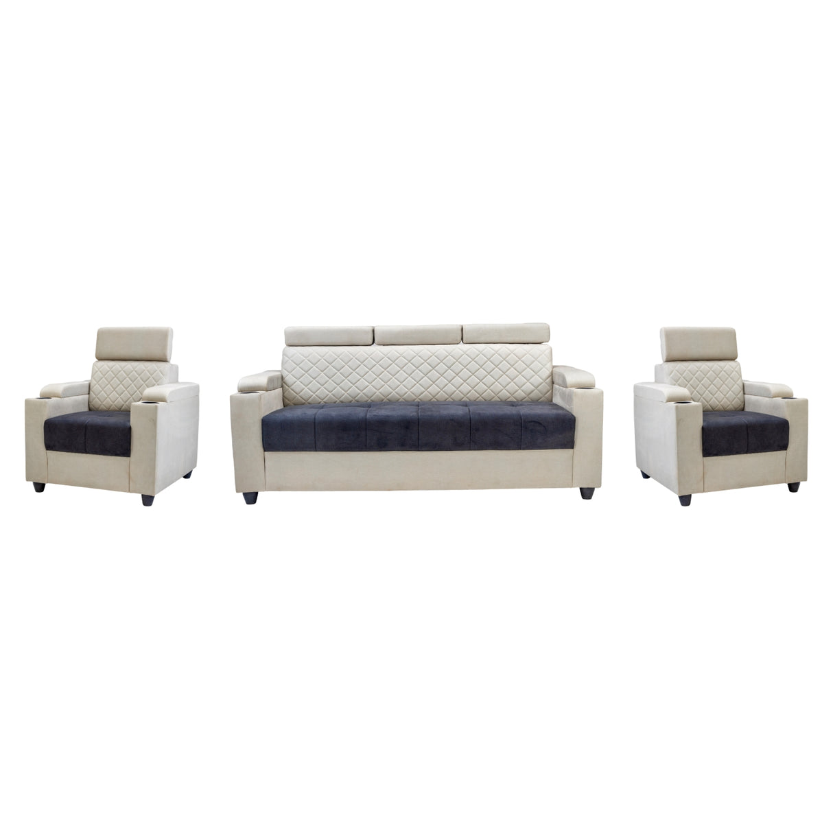 Denver Head Rest Fabric Sofa Set (3+1+1 Seater) - Half White and Grey