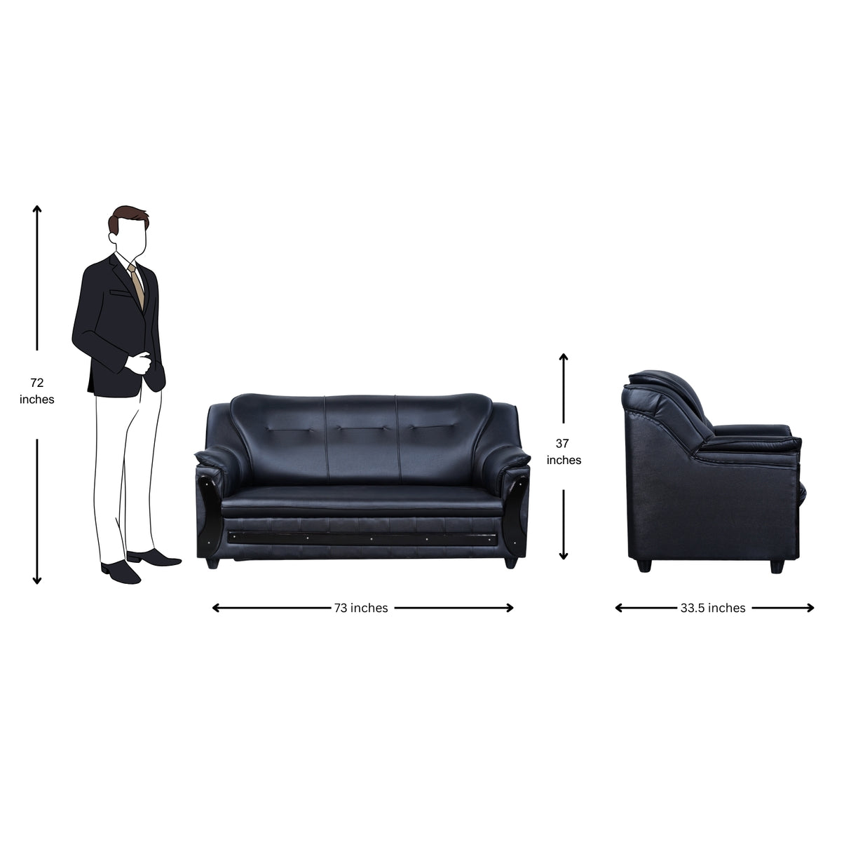 Kassel Rexine Sofa 3-Seater - Black