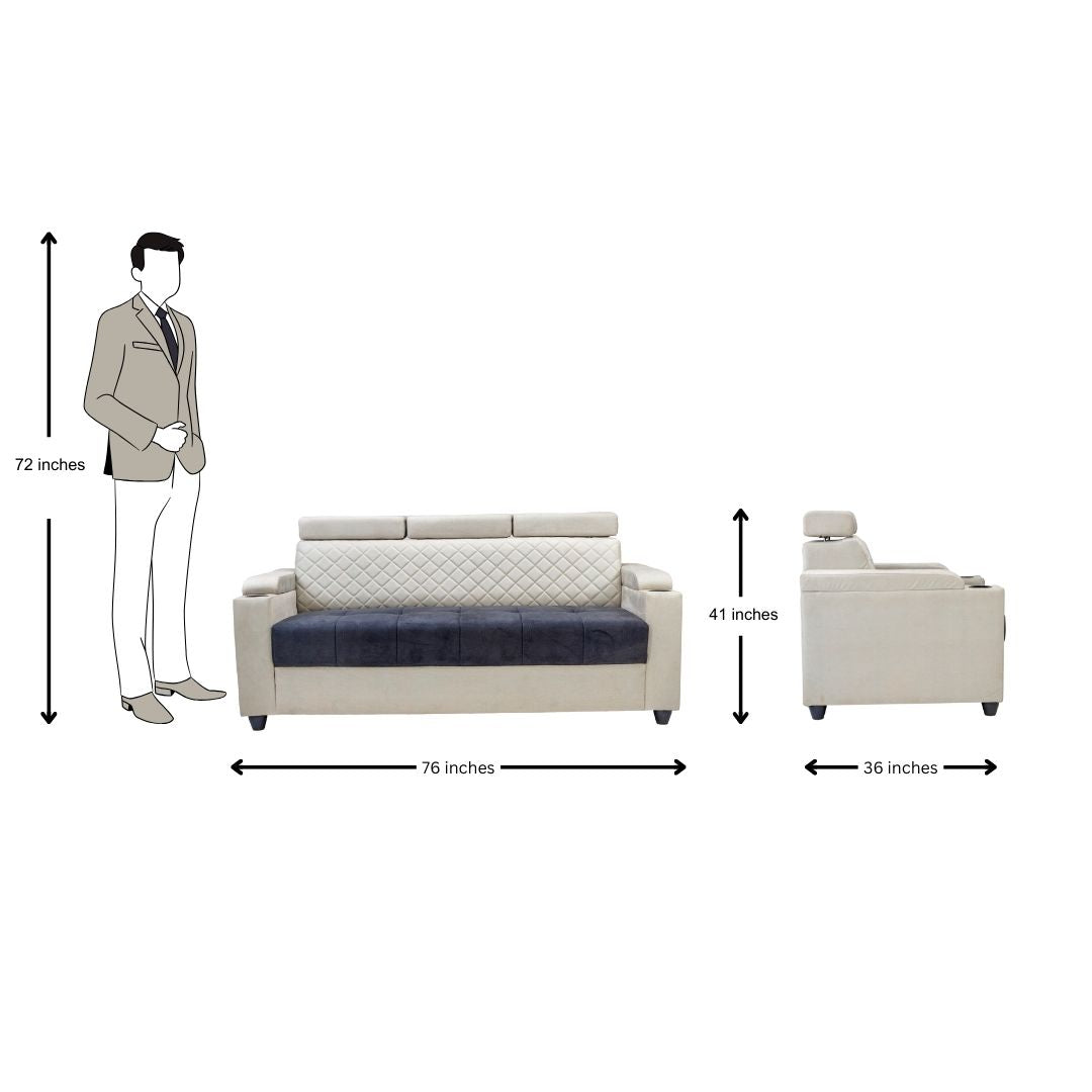 Denver Head Rest Fabric Sofa Set (3+1+1 Seater) - Half White and Grey