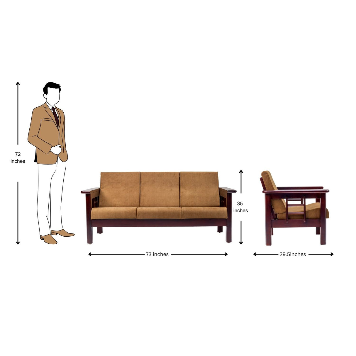 Chicago Wooden Sofa Set (3+1+1 Seater) - Light Walnut Finish